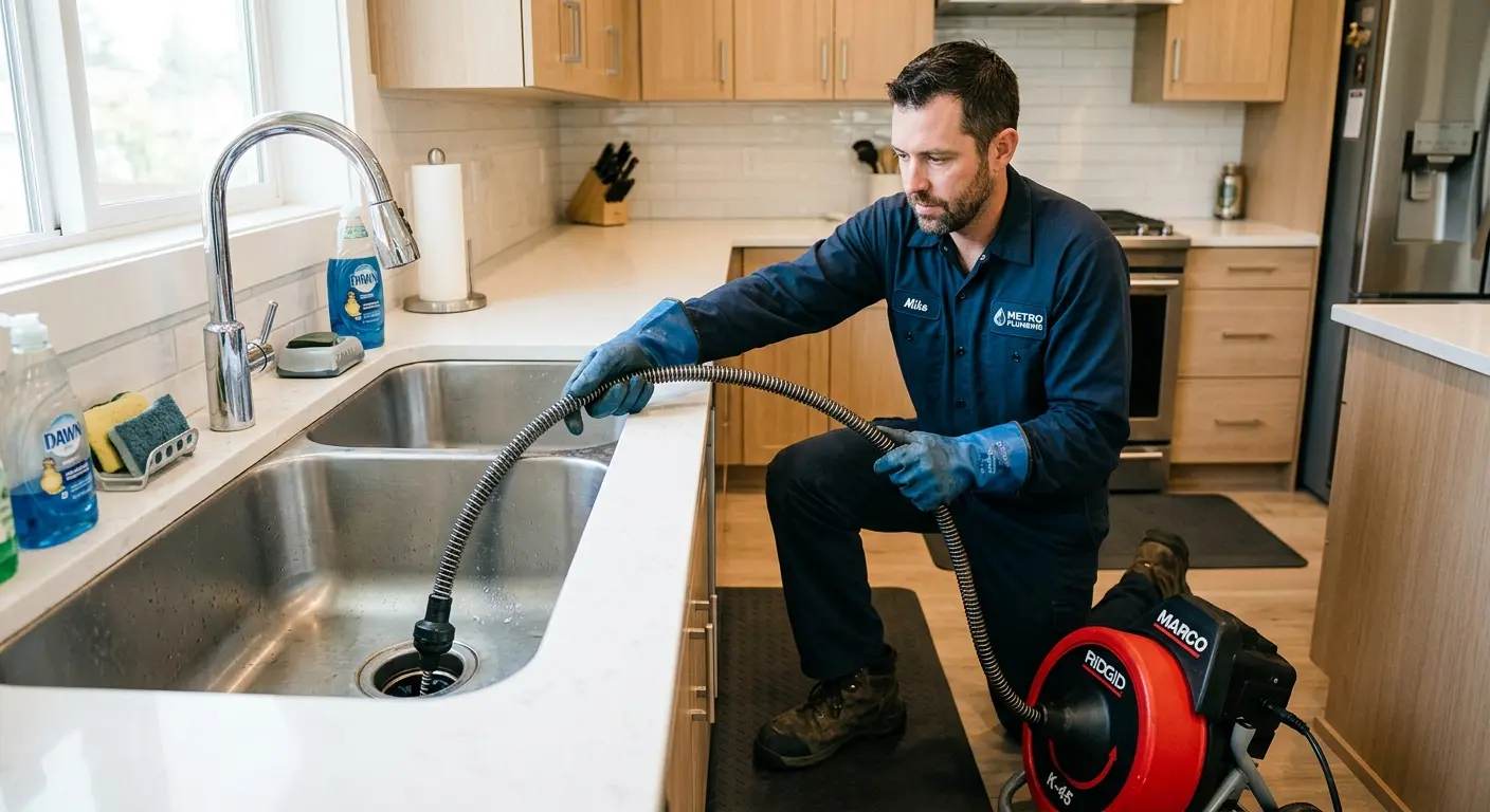 Drain cleaning technician using a motorized snake on a kitchen sink in Braidwood