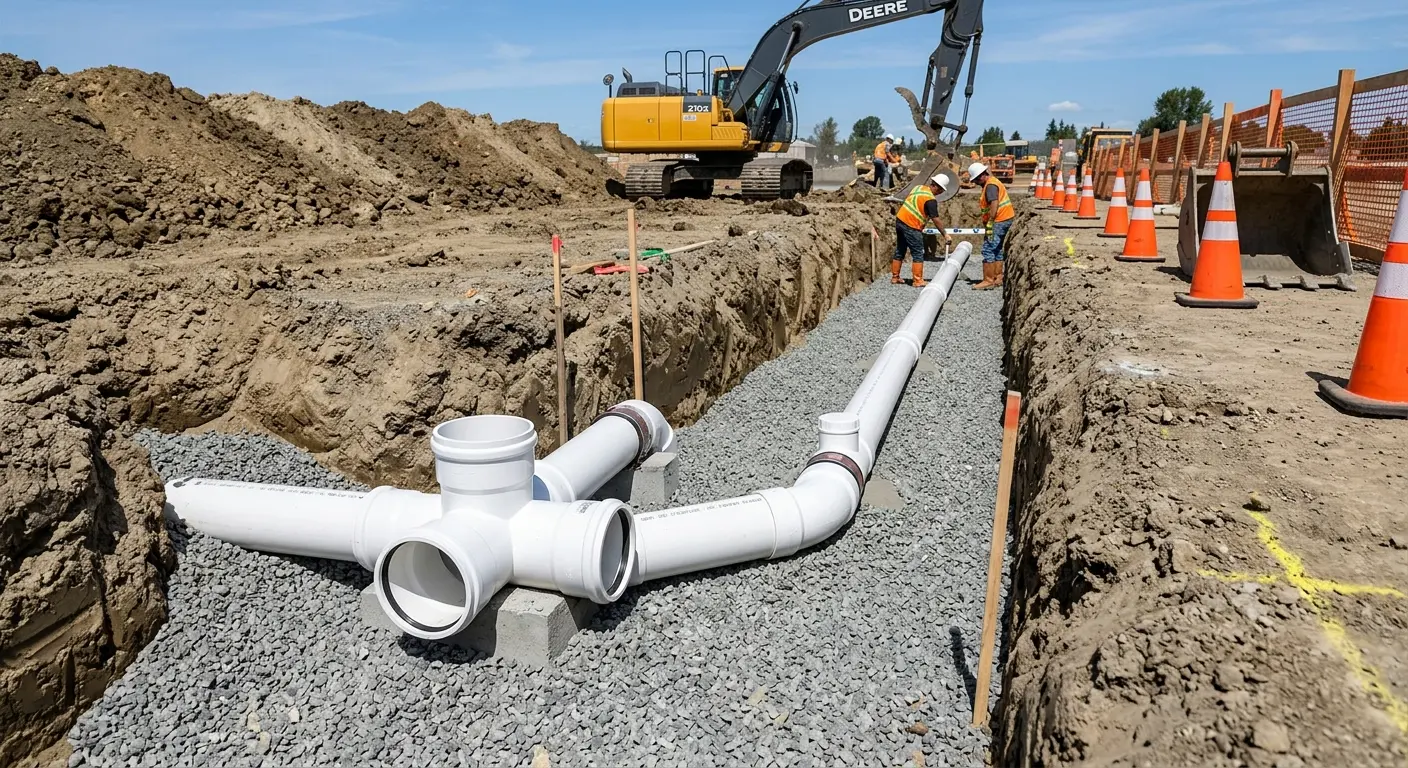New PVC sewer pipe installation in open trench for Grease Trap Cleaning in Braidwood