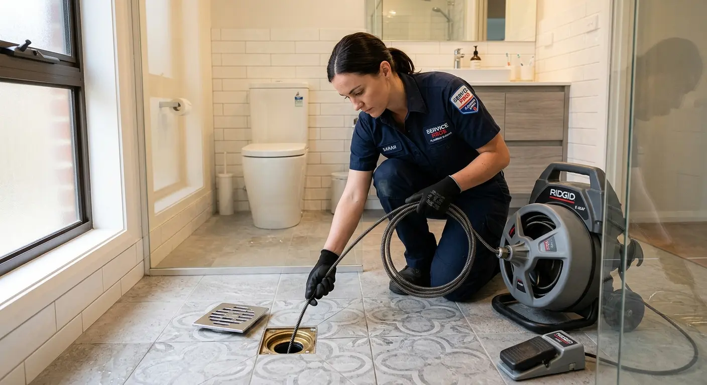 Technician clearing a bathroom floor drain for Sewer Line Installation in Braidwood